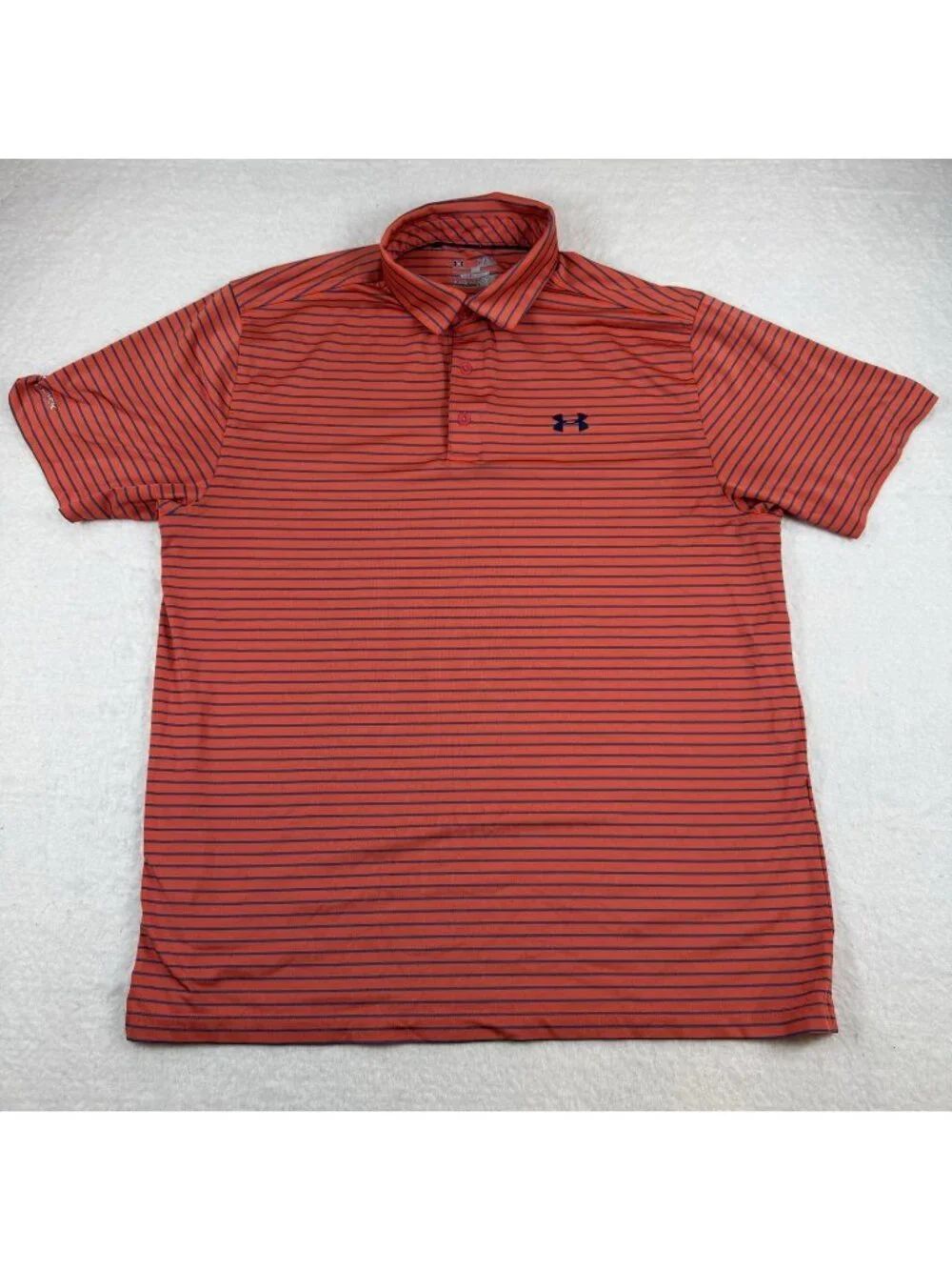 Under Armour Polo Shirt Mens Size XL Orange Striped Golf HeatGear Coldblack